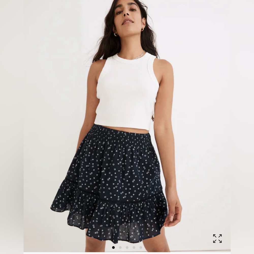 Madewell Smock-Waist Ruffle Mini Skirt in Bandana Flower Navy and White Sz XS
